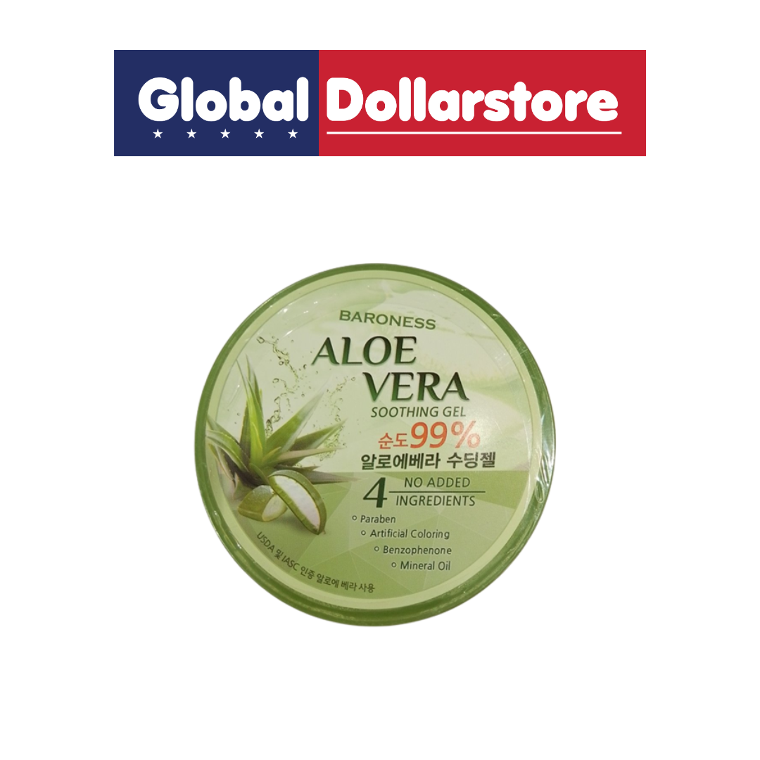 A round tin of Baroness Aloe Vera Soothing Gel with a green lid, shown below a Global Dollarstore banner on a white background.