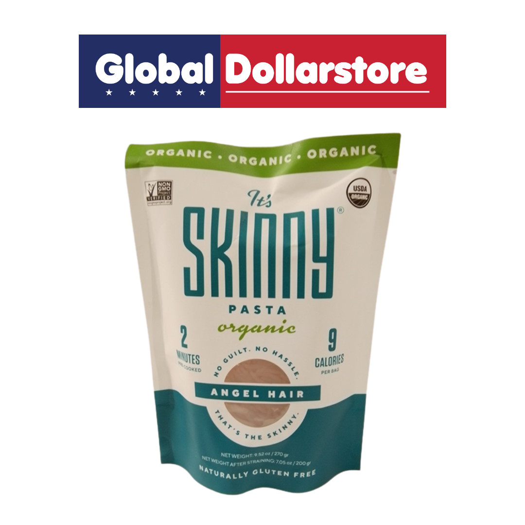 A stand-up pouch of Skinny Pasta Organic Angel Hair, featuring a cream and teal package with a green top band, shown on a white background with a Global Dollarstore banner at the top.