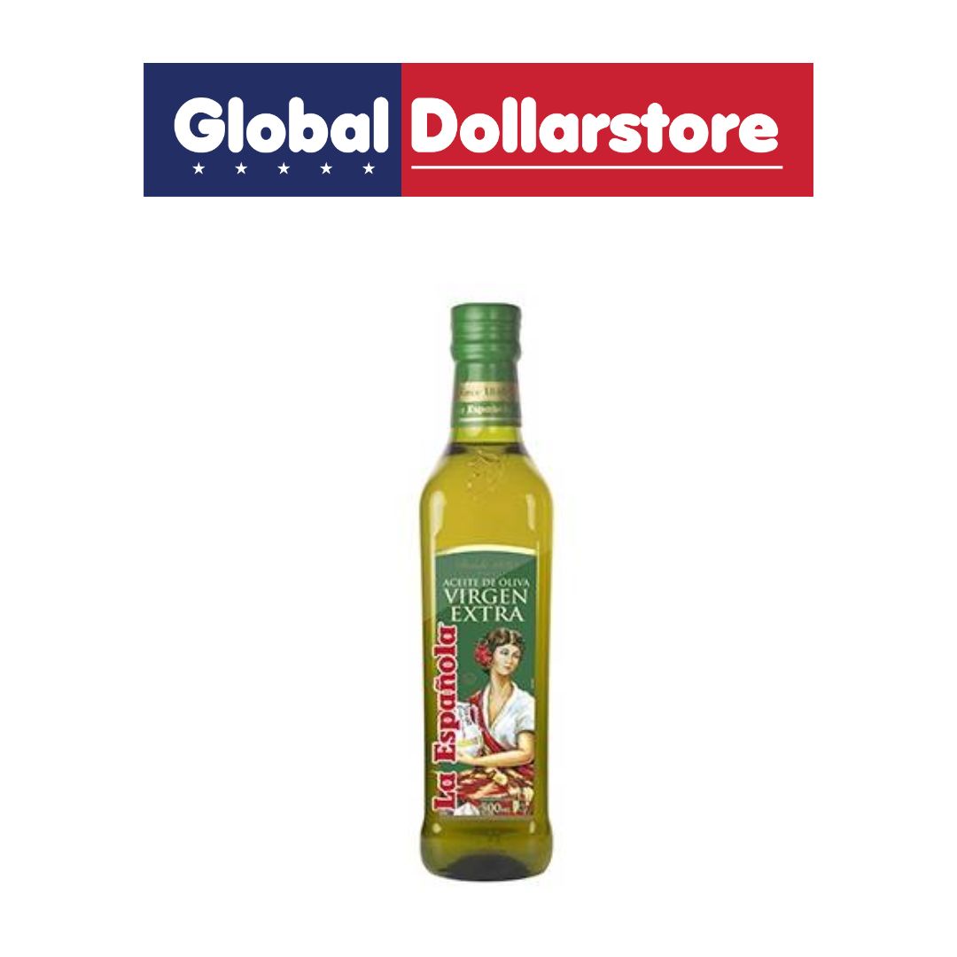 Bottle of La Espanola olive oil with Global Dollarstore logo above it on a white background
