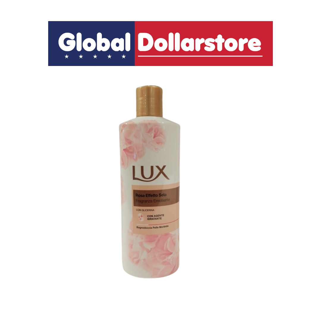 A bottle of LUX body wash with pink floral graphics and a gold cap, shown against a white background with a Global Dollarstore banner at the top.