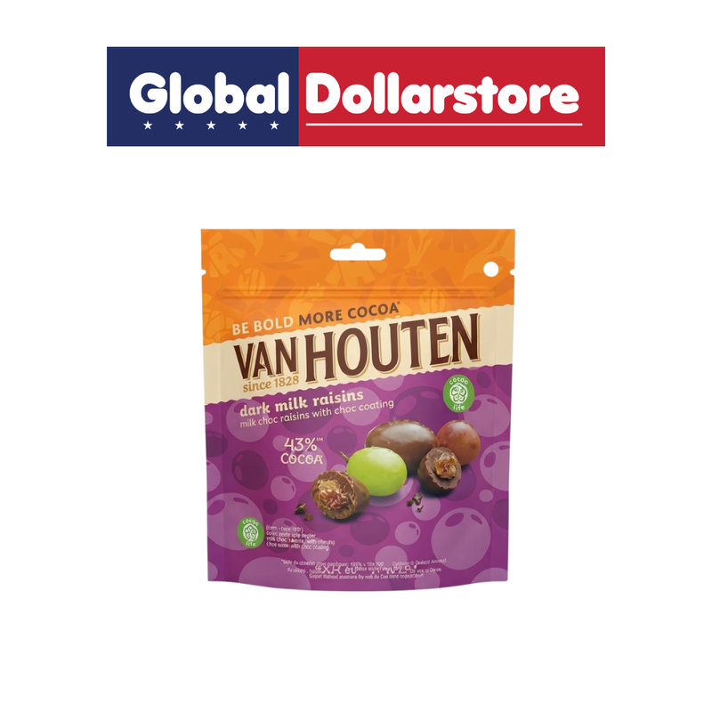 Van Houten Dark Milk Raisins Dragees chocolate snack featuring plump raisins coated in smooth dark milk chocolate, with recognizable Van Houten branding and premium confectionery packaging.