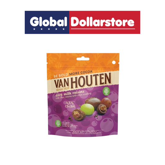 Van Houten Dark Milk Raisins Dragees chocolate snack featuring plump raisins coated in smooth dark milk chocolate, with recognizable Van Houten branding and premium confectionery packaging.