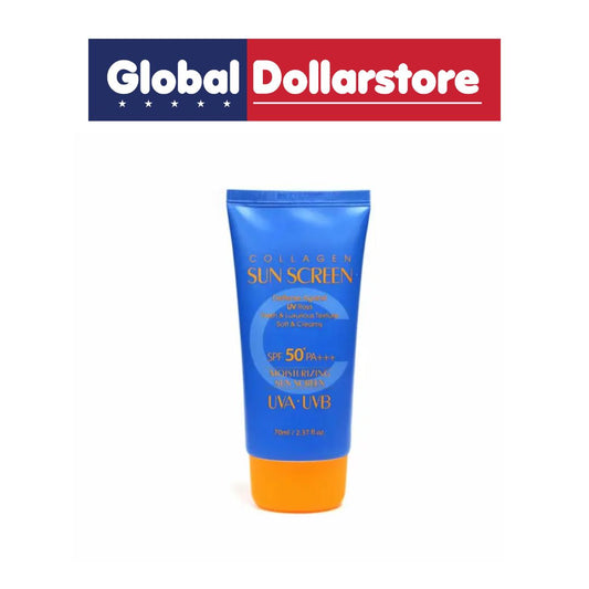 Blue sun screen tube with orange bottom on a white background, featuring Global Dollarstore logo.