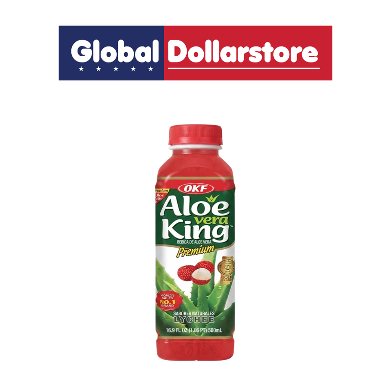 Aloe Vera King Lychee drink featuring refreshing lychee flavor with aloe vera pieces, presented in convenient ready-to-drink packaging with distinctive Aloe Vera King branding.