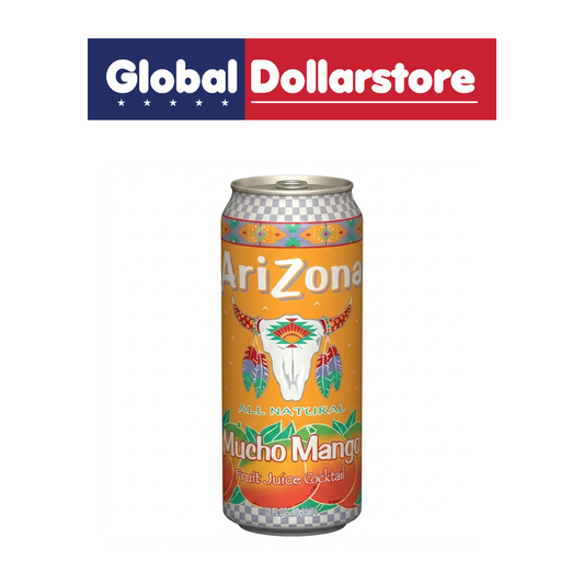 Arizona Mucho Mango fruit juice drink featuring sweet, tropical mango flavor in a vibrant ready-to-drink beverage can with distinctive Arizona branding and colorful packaging.