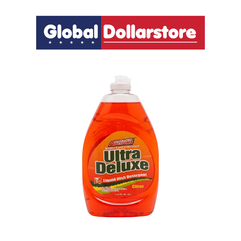 Awesome Ultra Deluxe Liquid Detergent with refreshing citrus scent, featuring a powerful laundry-cleaning formula in convenient liquid detergent packaging for fresh-smelling clothes.