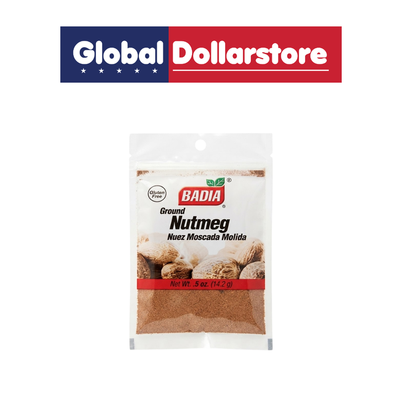 Badia Ground Nutmeg spice container featuring finely ground nutmeg for baking, cooking, and seasoning, with recognizable Badia branding and distinctive spice packaging.