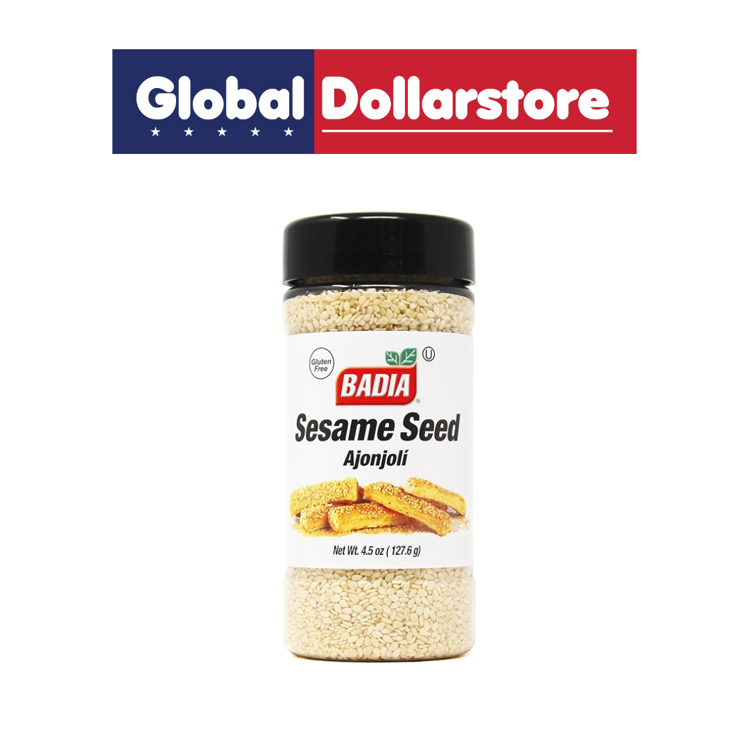 A bottle of Badia Sesame Seed Ajonjolí seasoning with a black lid and white label, shown on a white background with a Global Dollarstore banner at the top.