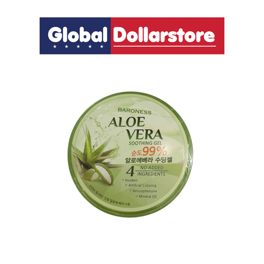 A round tin of Baroness Aloe Vera Soothing Gel with a green lid, shown below a Global Dollarstore banner on a white background.