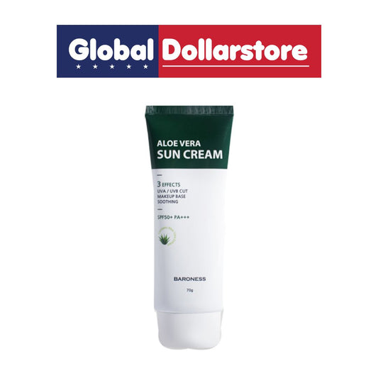 Tube of aloe vera sun cream with Baroness branding on a white background, featuring the Global Dollarstore logo.