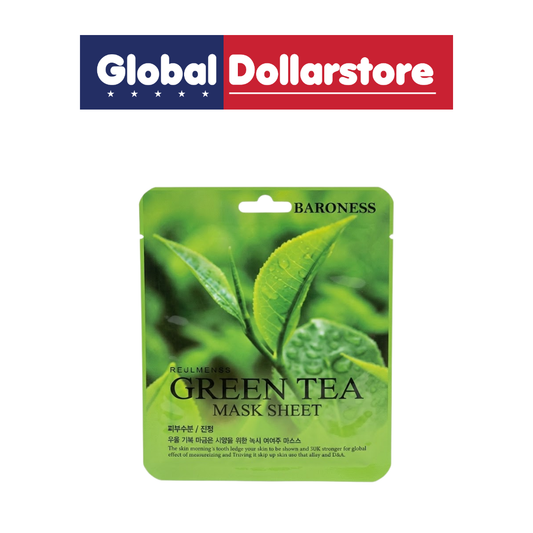 Baroness Green Tea Mask Sheet, a soothing facial sheet mask infused with green tea essence to help refresh, hydrate, and revitalize tired-looking skin for a fresh, radiant complexion.