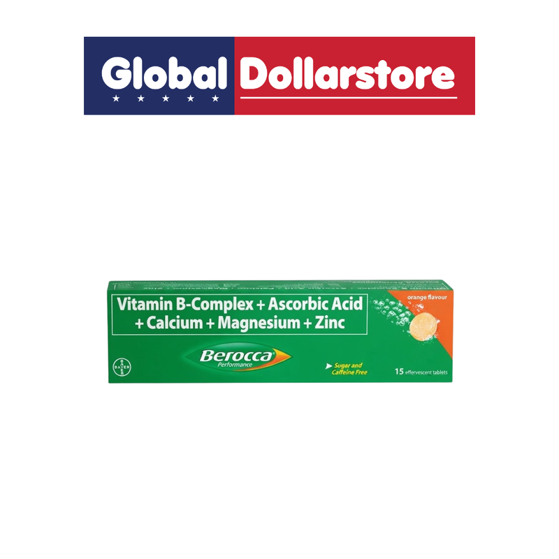 Berocca Effervescent Orange Tablets 15-count tube, featuring orange-flavored fizzy vitamin tablets in distinctive Berocca packaging for convenient daily use.