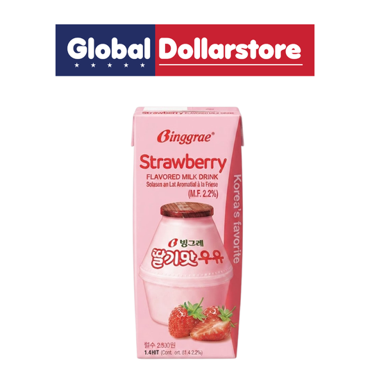 Binggrae Strawberry Milk featuring creamy, smooth milk blended with a sweet and fruity strawberry flavor, perfect for enjoying chilled as a refreshing Korean-style beverage, snack, or sweet treat anytime.