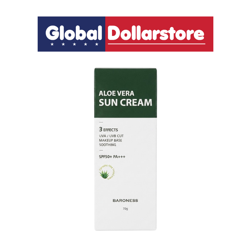 Baroness Aloe Vera Sun Cream featuring an aloe vera-infused formula designed to help protect and moisturize the skin, making it a convenient choice for everyday sun care and outdoor activities.
