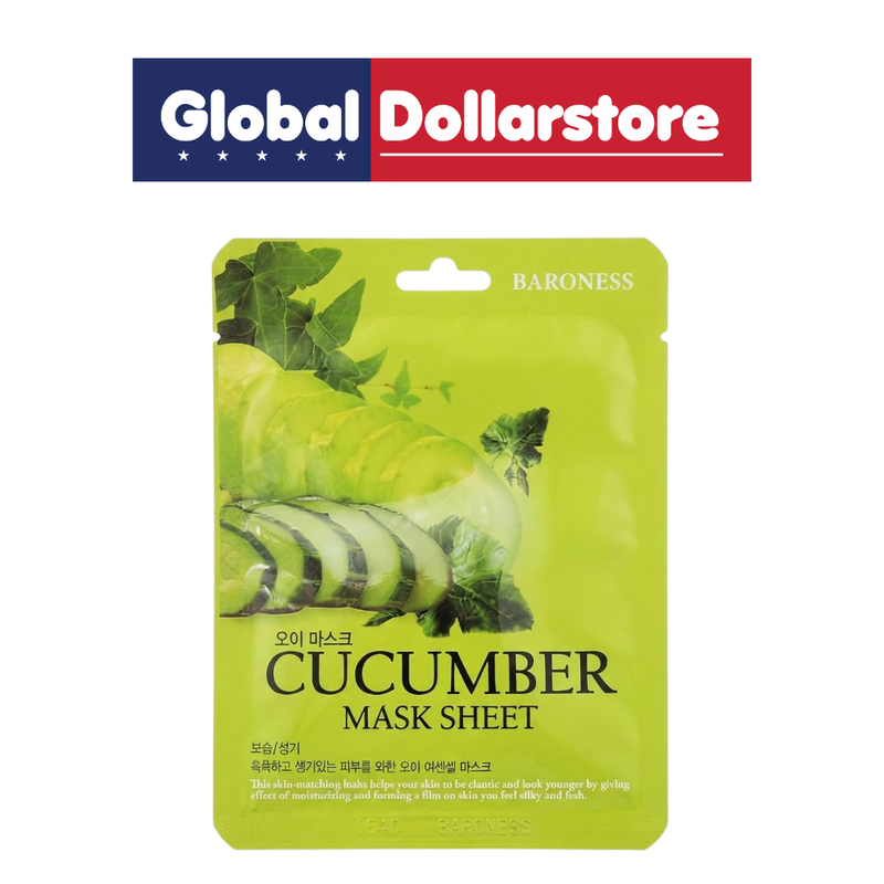 Baroness Cucumber Mask Sheet featuring a refreshing cucumber-infused skincare formula designed to hydrate and refresh the skin, providing a soothing at-home facial treatment for a clean and revitalized feel.