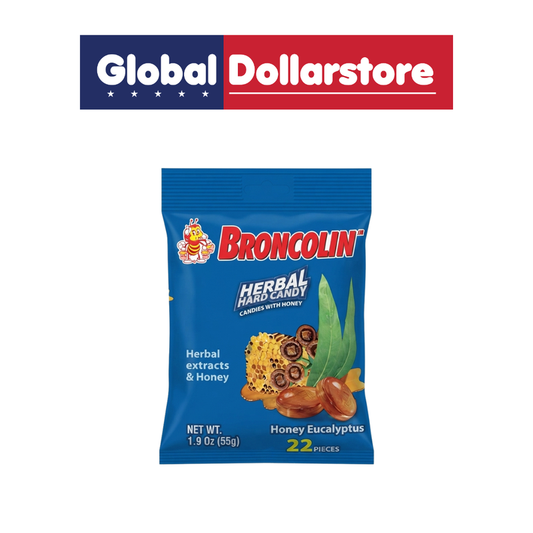 Broncolin Herbal Hard Candy Honey Euca featuring a soothing honey and eucalyptus flavor in individually wrapped candies for a refreshing throat treat.