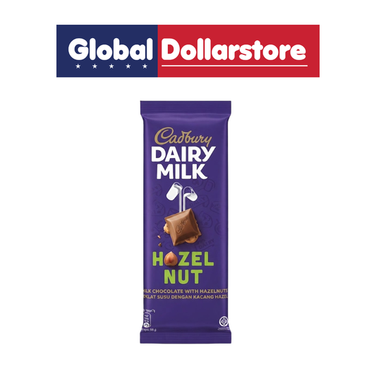 A Cadbury Dairy Milk Hazelnut chocolate bar in its signature purple wrapper, centered on a white background with a Global Dollarstore banner at the top.