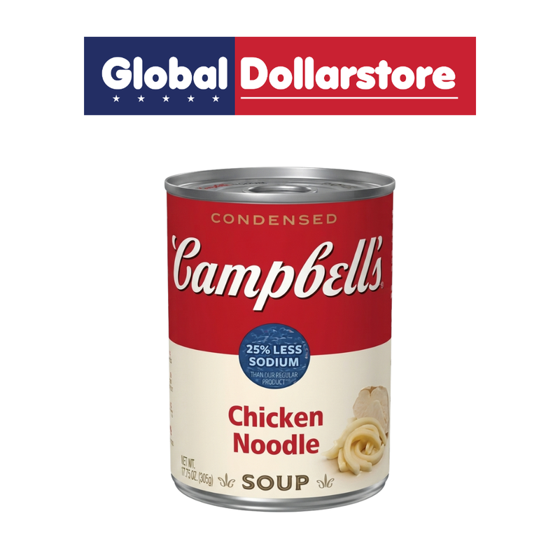 Campbell’s 25% Less Sodium Chicken with Noodles Soup can featuring savory chicken broth, tender noodles, and reduced-sodium seasoning in classic Campbell’s packaging.