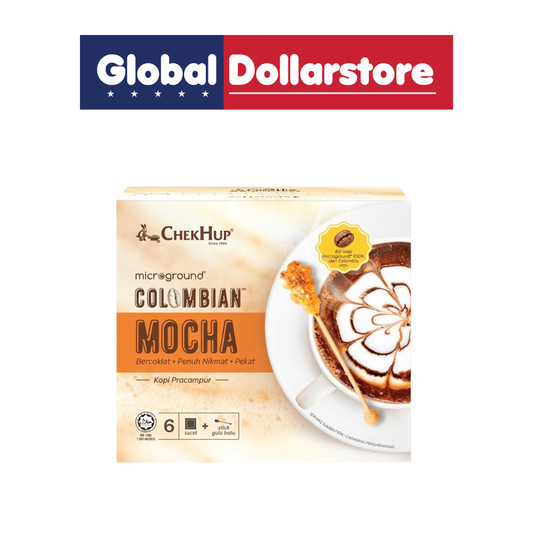 Chek Hup Microground Colombian Mocha coffee featuring finely ground Colombian coffee with rich mocha flavor, presented in convenient Chek Hup packaging for an aromatic coffee experience.