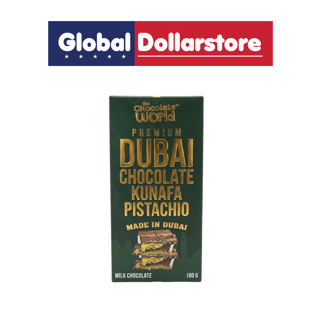 Chocolate World Dubai Pistachio Kunafa Cho Milk featuring smooth milk chocolate combined with rich pistachio and crispy kunafa-inspired layers, offering a decadent Middle Eastern-inspired chocolate treat perfect for gifting, sharing, or indulgent snacking.