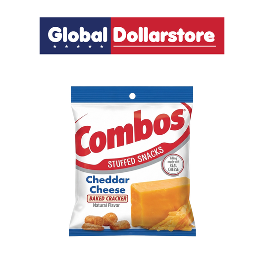 COMBOS Cheddar Cheese Cracker Baked Snacks featuring crispy baked crackers filled with rich, creamy cheddar cheese, in convenient snack packaging for a savory and satisfying treat.