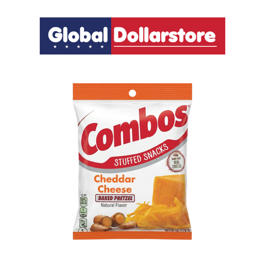 COMBOS Cheddar Cheese Pretzel Baked Snacks featuring crunchy pretzels filled with rich, creamy cheddar cheese, in convenient snack packaging for a savory and satisfying treat.