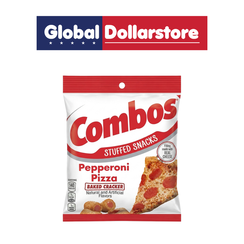 COMBOS Pepperoni Cracker Baked Snacks featuring crunchy, savory crackers filled with rich pepperoni-flavored cheese, in convenient snack packaging for a satisfying bite.