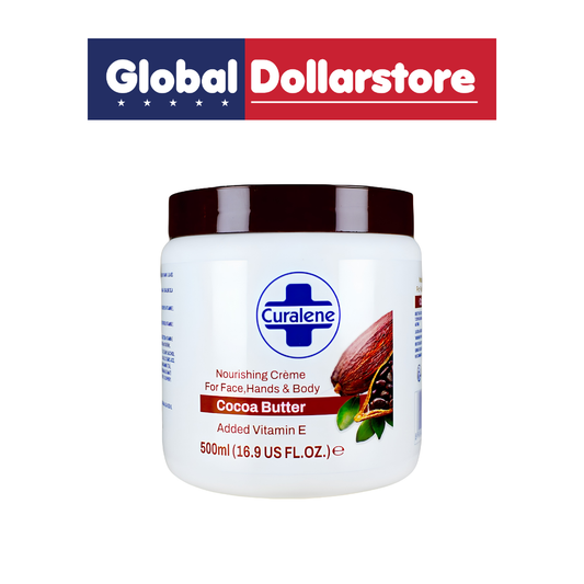 A white jar of Curalene Cocoa Butter Nourishing Crème with a dark brown lid, shown against a white background with a 'Global Dollarstore' banner at the top.
