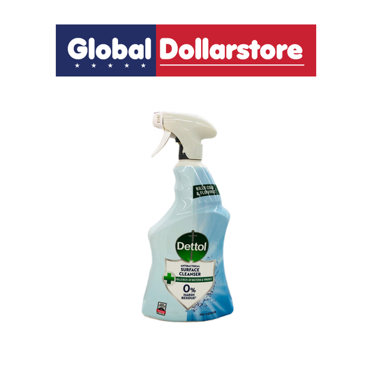 A bottle of Dettol Surface Cleaner spray with a white trigger sprayer and a light blue body, shown on a white background with a Global Dollarstore banner at the top.