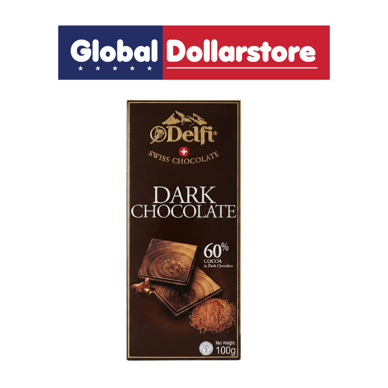 Delfi 60% Dark Chocolate Bar featuring rich 60% cocoa dark chocolate with a smooth, intense flavor and satisfying finish, perfect for chocolate lovers, snacking, dessert pairings, gifting, or enjoying with coffee.
