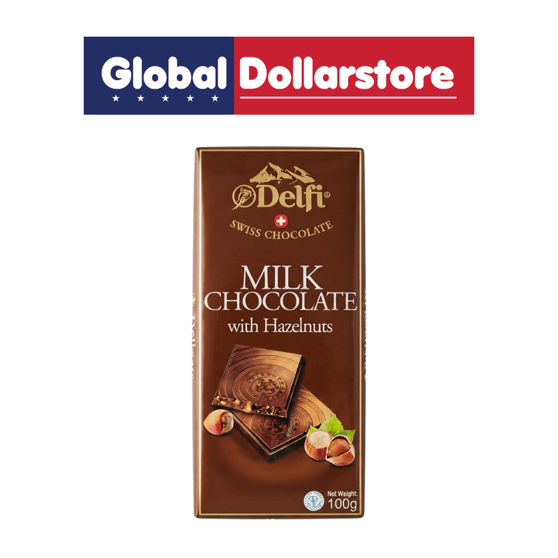 Delfi Milk Chocolate with Hazelnut Bar featuring smooth and creamy milk chocolate combined with delicious hazelnut pieces for a rich, nutty flavor and satisfying crunch, perfect for snacking, sharing, gifting, or enjoying as a sweet treat.
