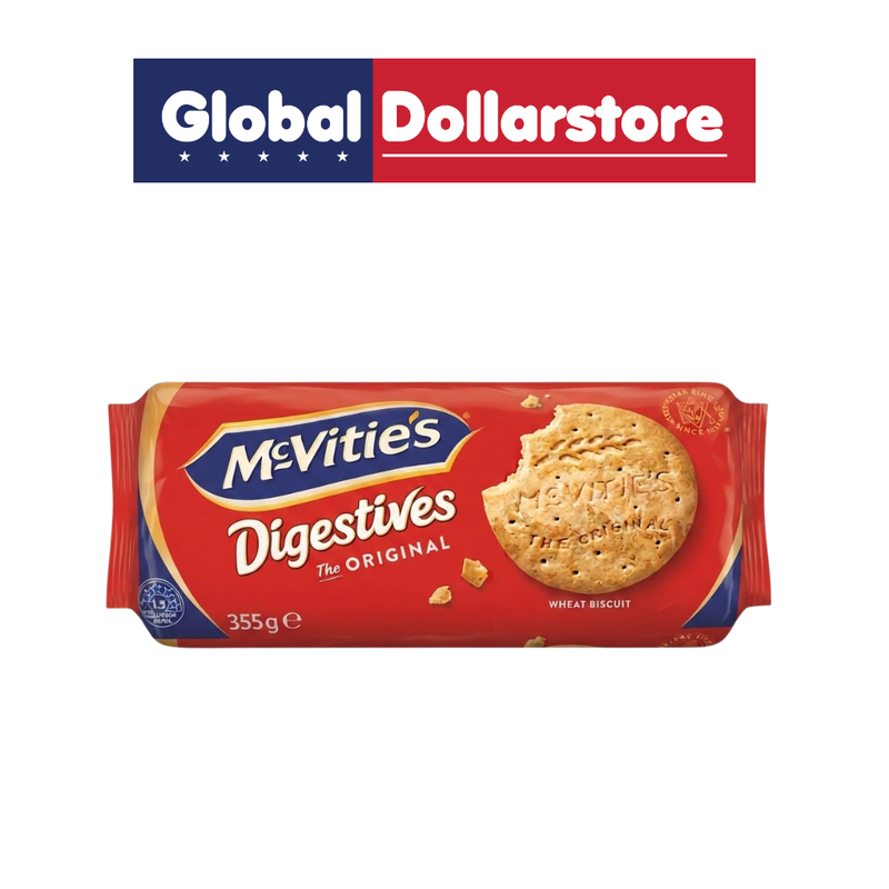 McVitie's Digestive Original biscuits featuring wholesome-tasting, crisp and crumbly biscuits with a classic wheat flavor, perfect for snacking, pairing with tea or coffee, enjoying with spreads, or serving as a versatile everyday biscuit.