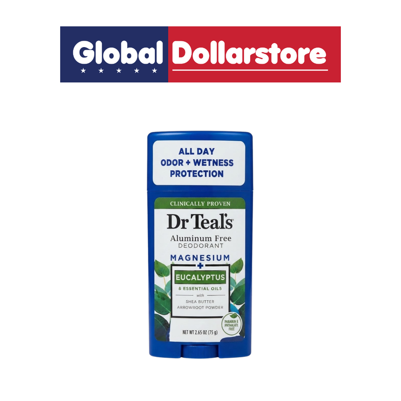 Dr Teal's Eucalyptus Deodorant 2.65 oz featuring a refreshing eucalyptus scent, packaged in a convenient stick format for everyday odor protection.
