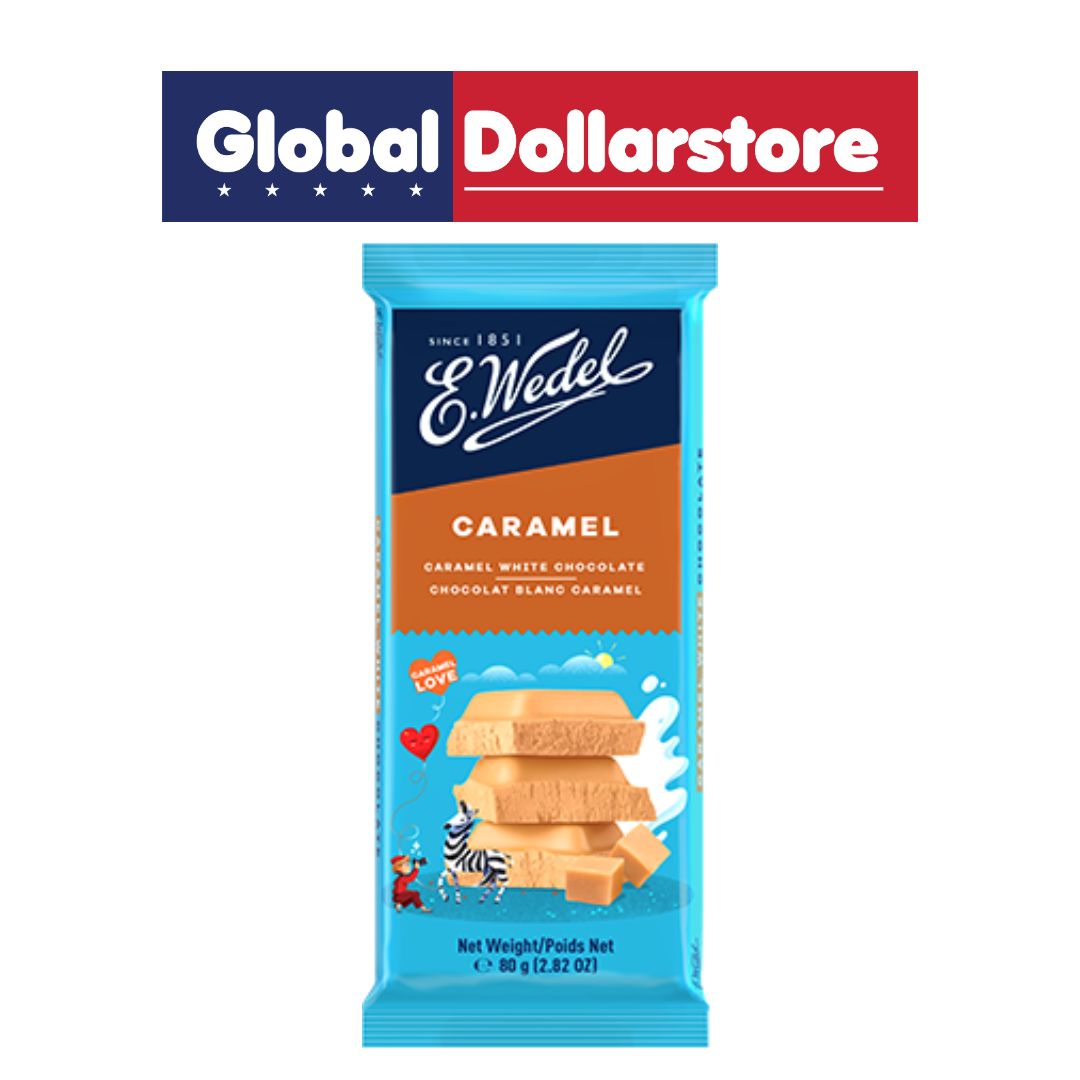 E. Wedel caramel chocolate bar packaging with Global Dollarstore logo above it.