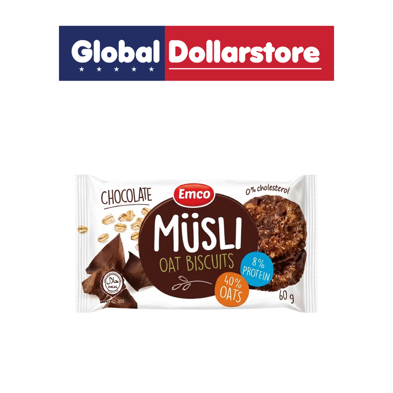 Emco Muesli Biscuits Chocolate snack pack featuring crunchy muesli biscuits with rich chocolate flavor, perfect for a convenient breakfast or satisfying everyday snack.