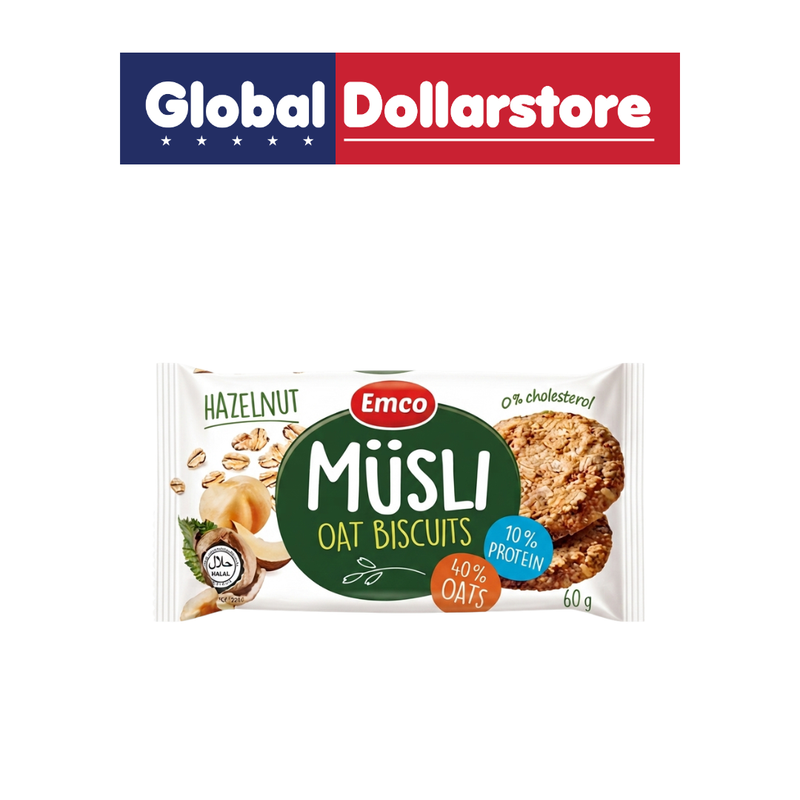 Emco Muesli Biscuits Hazelnut snack pack featuring crunchy whole-grain muesli biscuits with delicious hazelnut flavor, ideal for a convenient breakfast or nutritious snack.