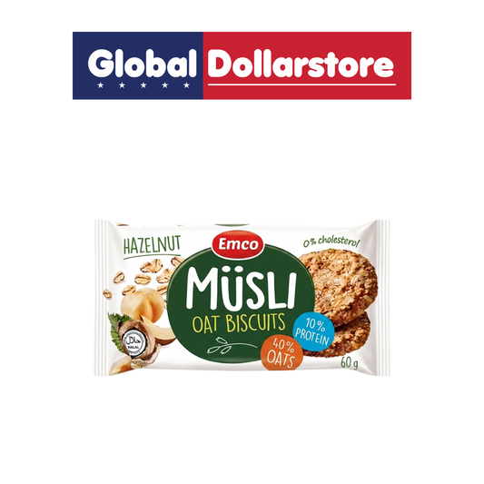 Emco Muesli Biscuits Hazelnut snack pack featuring crunchy whole-grain muesli biscuits with delicious hazelnut flavor, ideal for a convenient breakfast or nutritious snack.