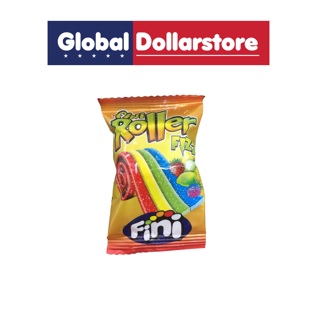 A bag of Fini Roller Fizz candy on a white background, with a Global Dollarstore banner at the top.