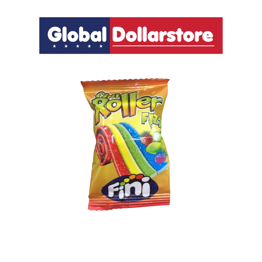 A bag of Fini Roller Fizz candy on a white background, with a Global Dollarstore banner at the top.