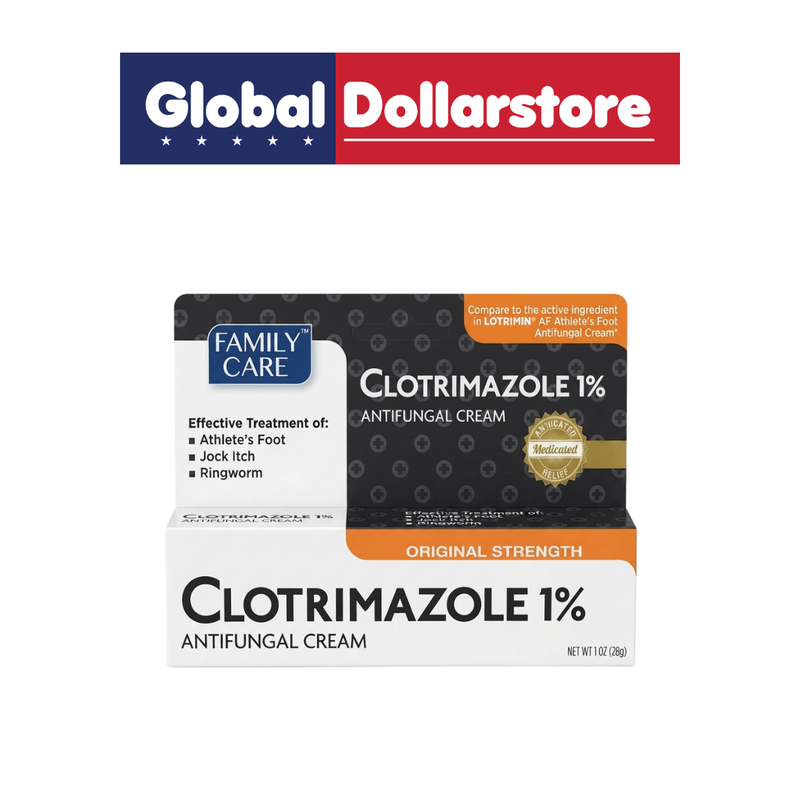 Family Care Clotrimazole Anti-Fungal Cream in a convenient tube, formulated for topical treatment of fungal skin infections and related skin irritation.
