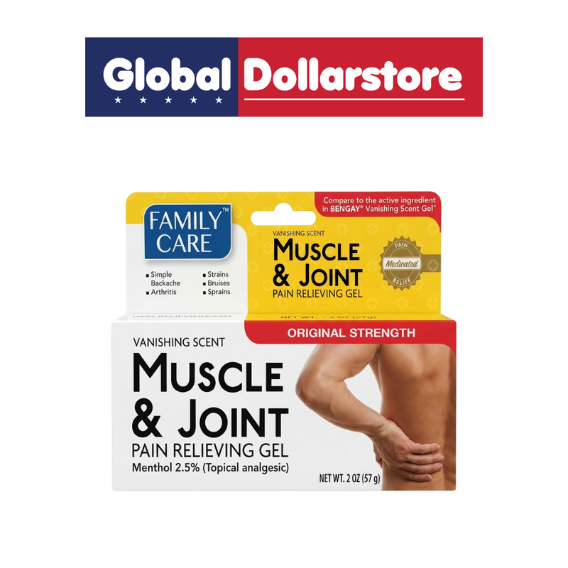 Family Care Muscle and Joint Pain Relief Gel in a convenient tube, designed for topical application to areas affected by everyday muscle and joint discomfort.