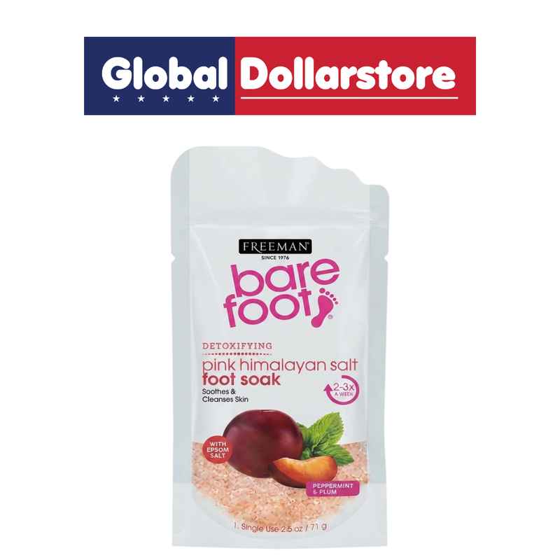 Freeman Barefoot Peppermint & Plum Salt Foot Soak in a convenient package, featuring a refreshing peppermint and plum blend with soothing salts for a relaxing foot soak and refreshing at-home pampering experience.