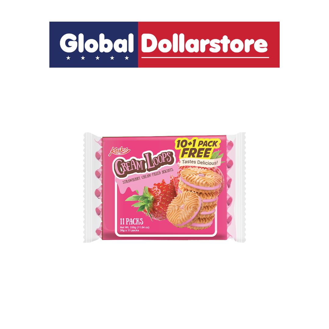 KEIKO CREAM LOOPS CREAM FILLED BISCUITS STRAWBERRY 330G 10+1/12