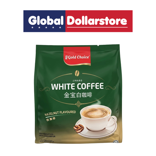 Gold Choice Jinbao White Coffee Hazelnut featuring smooth and creamy white coffee blended with a rich roasted hazelnut flavor, offering a fragrant and satisfying cup that's convenient for enjoying at home, work, or anytime you crave a flavorful coffee break.
