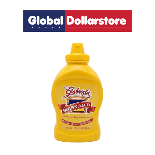 Gabriela Mustard condiment in a convenient bottle, delivering a tangy and savory mustard flavor that pairs well with sandwiches, burgers, hot dogs, meats, sauces, and everyday meals.