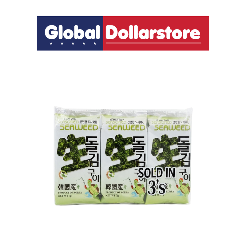 Hana Seasoned Seaweed Laver 3-pack featuring crispy, savory Korean-style roasted seaweed sheets, conveniently portioned in three packs with distinctive Hana branding and snack-ready packaging.