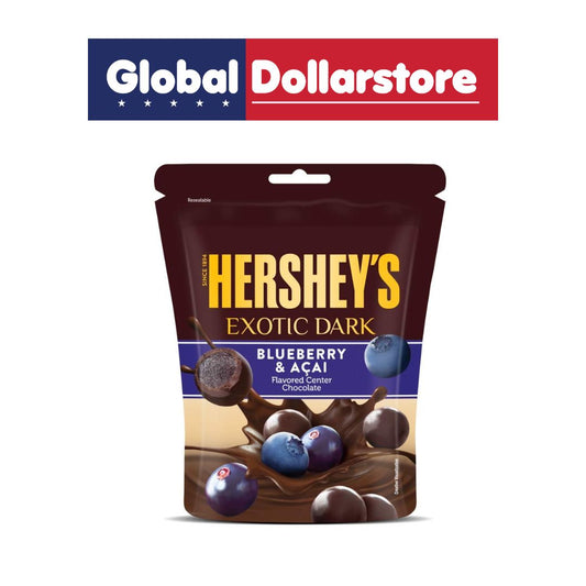 HERSHEY’S Exotic Dark Blueberry & Acai, rich dark chocolate paired with sweet-tart blueberry and distinctive acai berry flavors, creating a delicious blend of deep cocoa and fruity notes for an indulgent snack, dessert, or anytime chocolate treat.