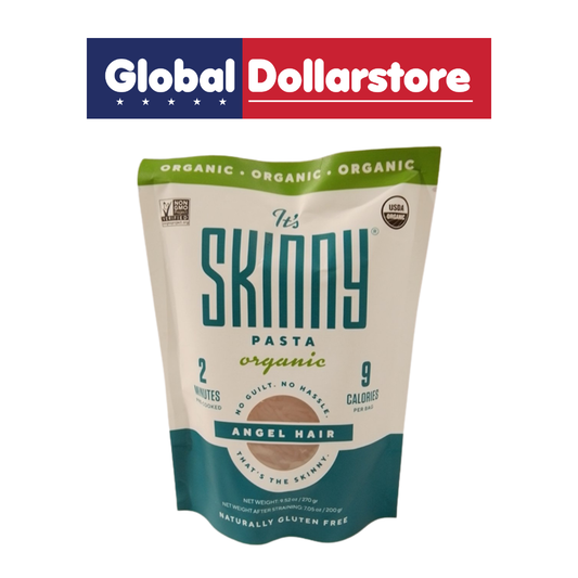 A stand-up pouch of Skinny Pasta Organic Angel Hair, featuring a cream and teal package with a green top band, shown on a white background with a Global Dollarstore banner at the top.