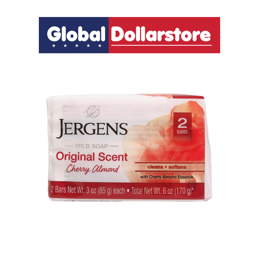 A package of Jergens Original Scent Mild Soap, Cherry Almond, featuring a white and red wrapper with an illustration of a cherry. A 'Global Dollarstore' banner is visible at the top of the image.