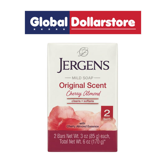Jergens Cherry Almond Twin Pack Bar Soap featuring two cleansing bath bars with a delightful cherry and almond-inspired scent, leaving skin feeling clean, refreshed, and pleasantly fragranced for an enjoyable everyday bathing experience.